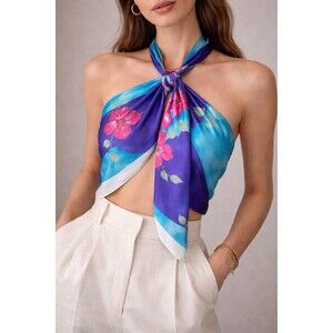 Hand Painted Silk Scarf Floral Blue Pink Long Wrap Belt Luxury Style
